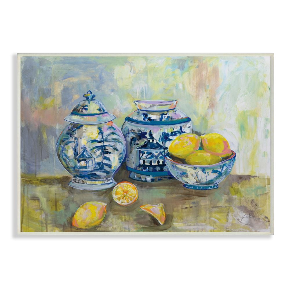 Stupell Industries Lemons and Pottery Yellow Blue Classical Painting Unframed Art Print Wall Art, 13x19, by Jeanette Vertentes