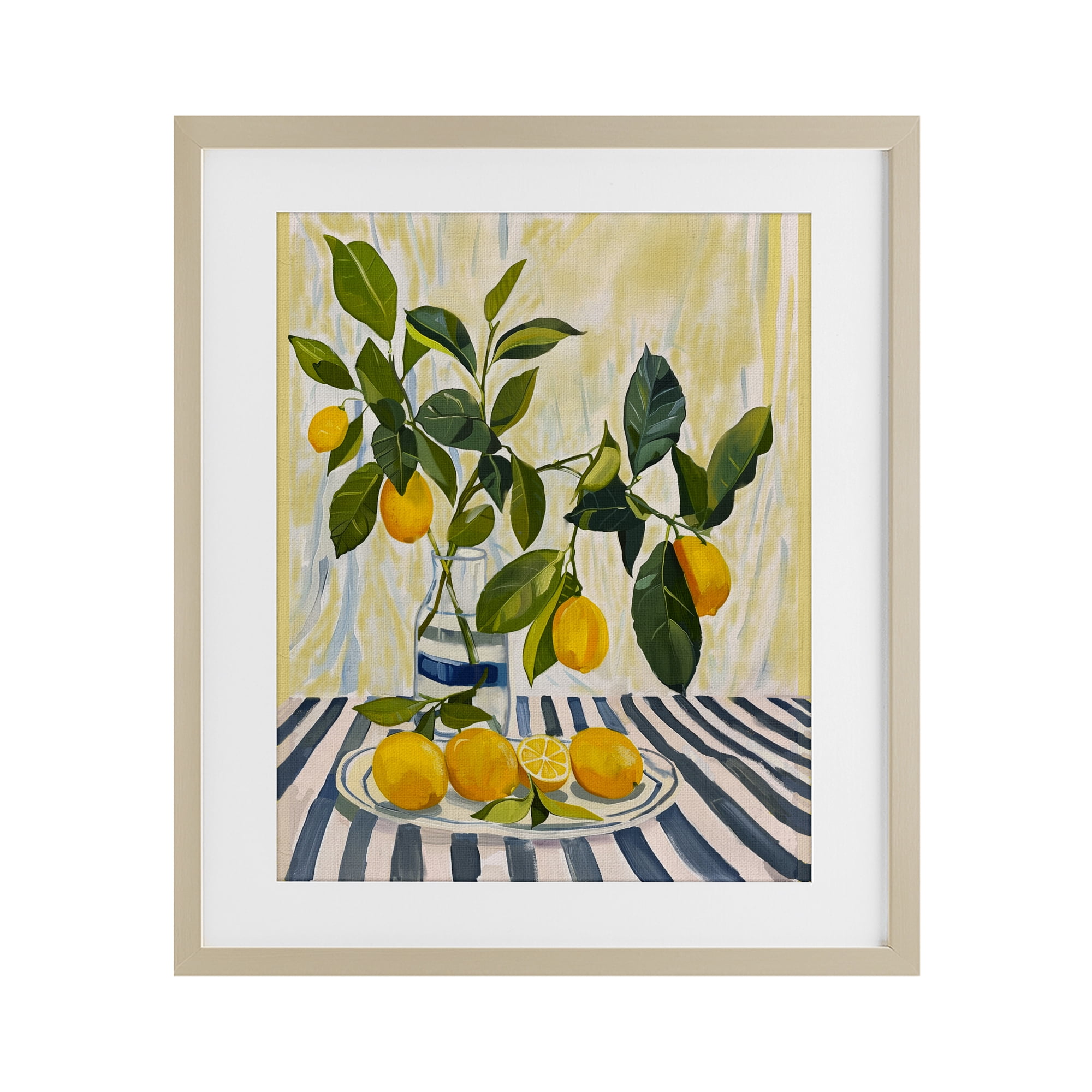 Stupell Industries Lemons on Striped Tablecloth Birch Framed Print Under Glass, design by Yen