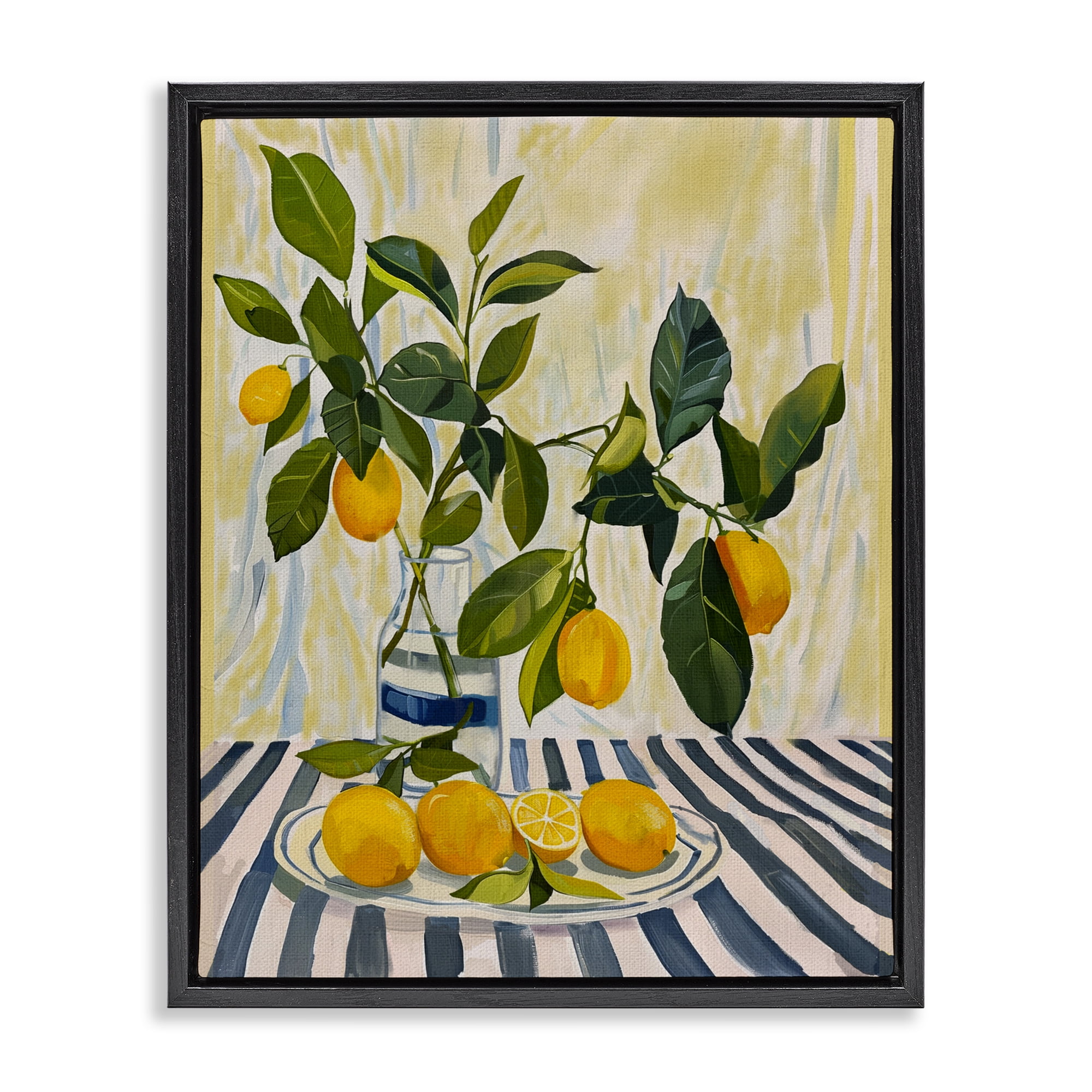 Stupell Industries Lemons on Striped Tablecloth Black Framed Floater Canvas Wall Art, design by Yen