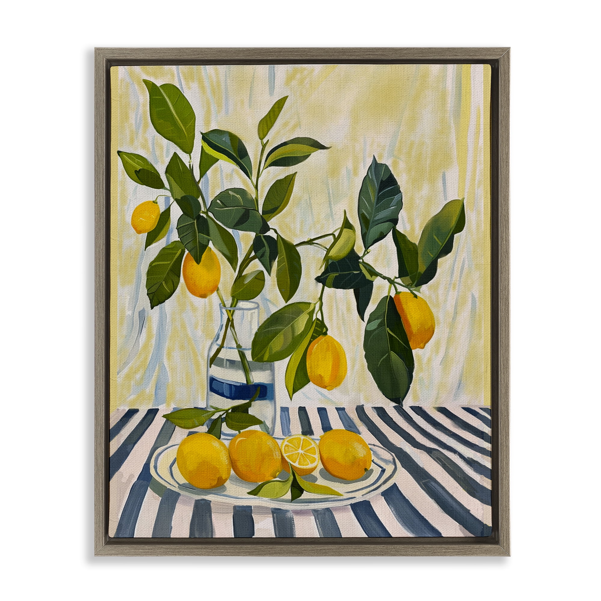 Stupell Industries Lemons on Striped Tablecloth Brown Framed Floater Canvas Wall Art, design by Yen