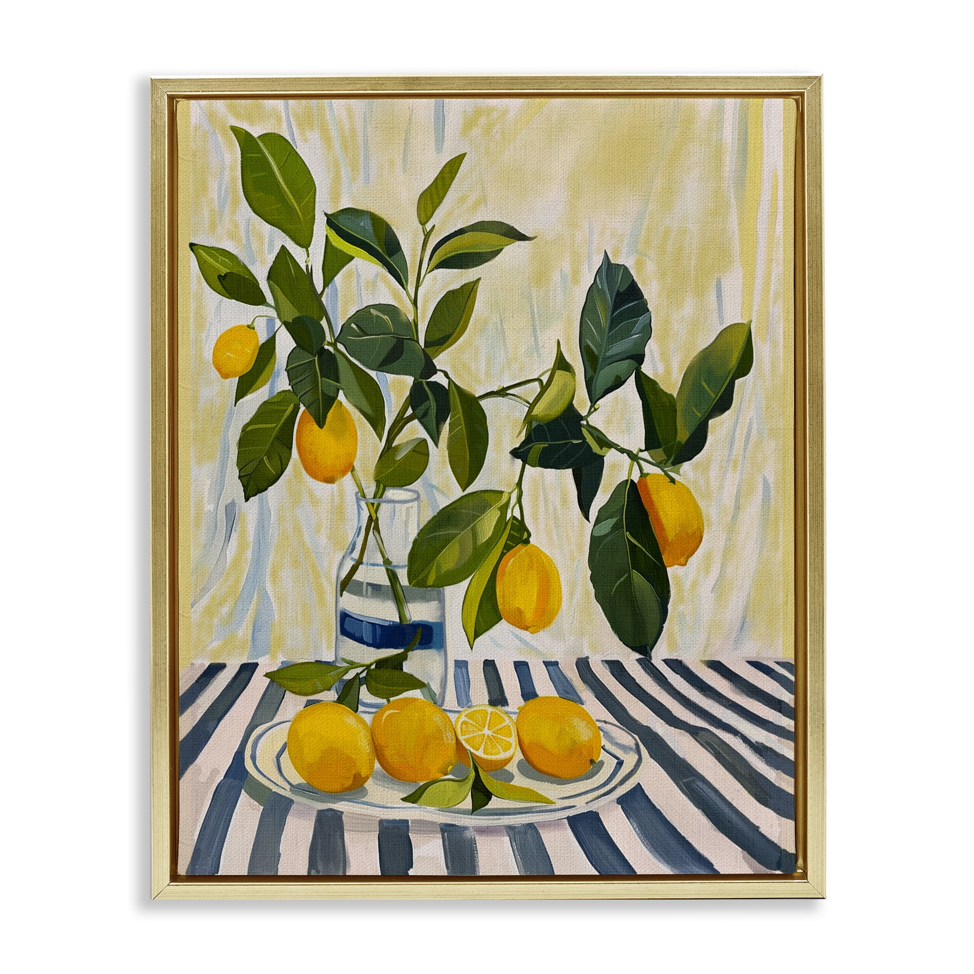 Stupell Industries Lemons on Striped Tablecloth Gold Framed Floater Canvas Wall Art, design by Yen