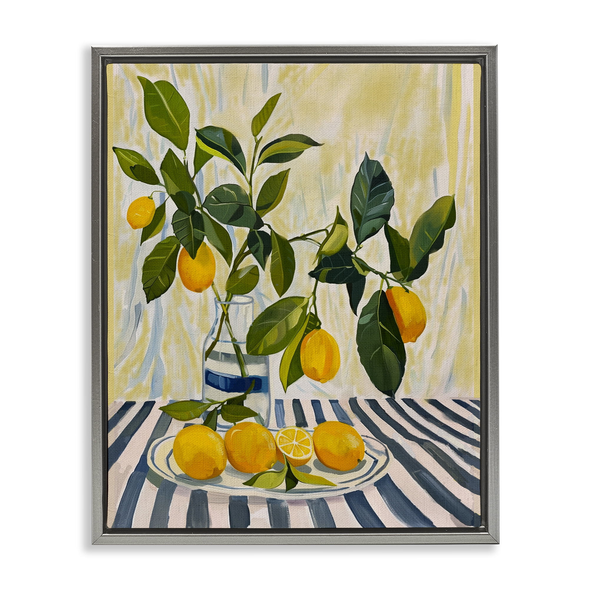 Stupell Industries Lemons on Striped Tablecloth Gray Framed Floater Canvas Wall Art, design by Yen