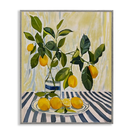 Stupell Industries French Country Lemons on Striped Tablecloth Gray Framed Giclee Art, 11 x 14, by Yen