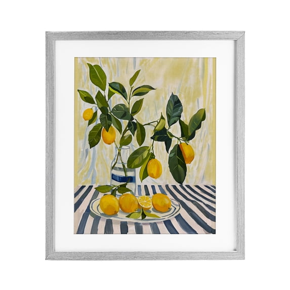 Stupell Industries French Country Lemons on Striped Tablecloth Gray Framed Print Under Glass, 13 x 16, by Yen