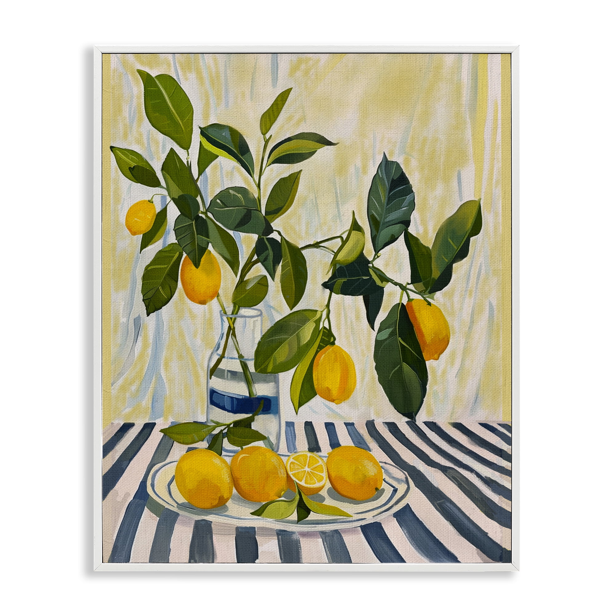 Stupell Industries Lemons on Striped Tablecloth White Framed Giclee Art, design by Yen