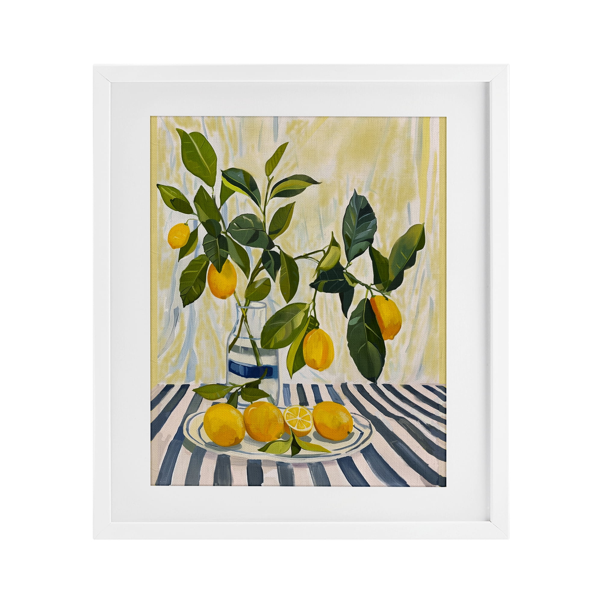 Stupell Industries Lemons on Striped Tablecloth White Framed Print Under Glass, design by Yen