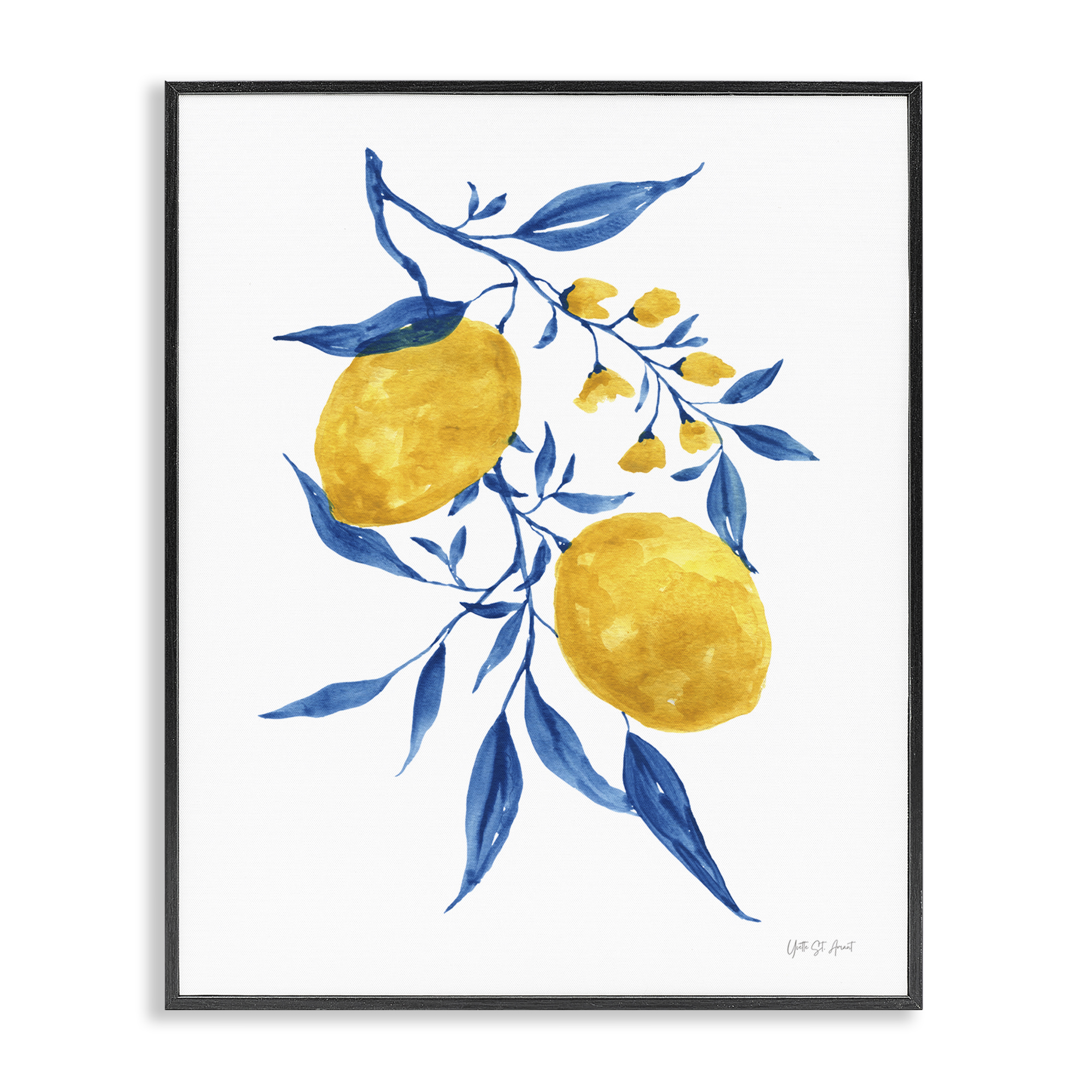 Stupell Industries Lemons with Blue Leaves Food & Beverage Painting Black Framed Art Print Wall Art, 11 x 14