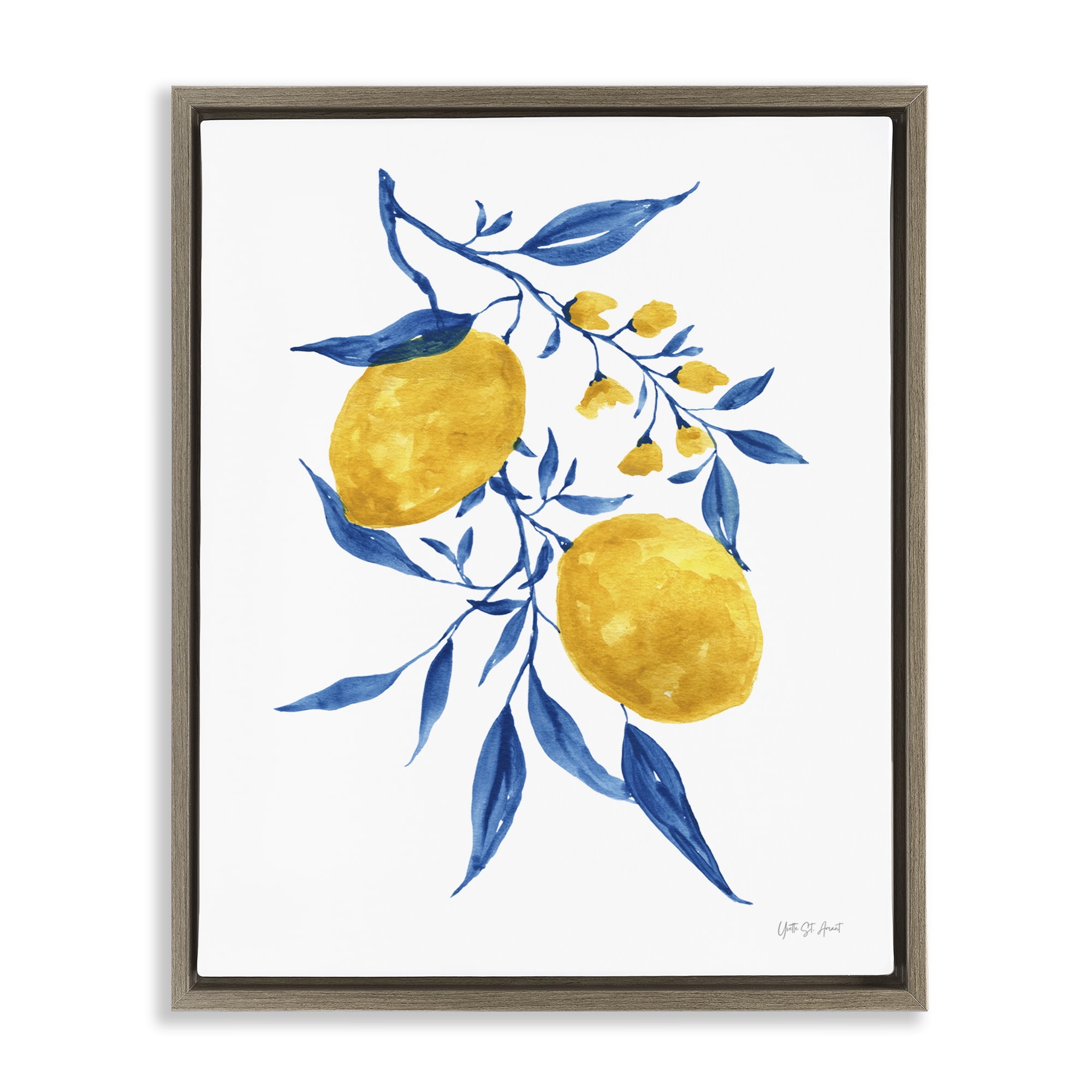 Stupell Industries Lemons with Blue Leaves Food & Beverage Painting Brown Floater Framed Canvas Art Print Wall Art, 17 x 21