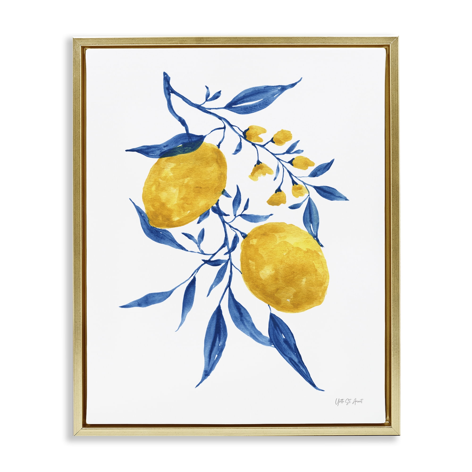 Stupell Industries Lemons with Blue Leaves Food & Beverage Painting Gold Floater Framed Canvas Art Print Wall Art, 17 x 21