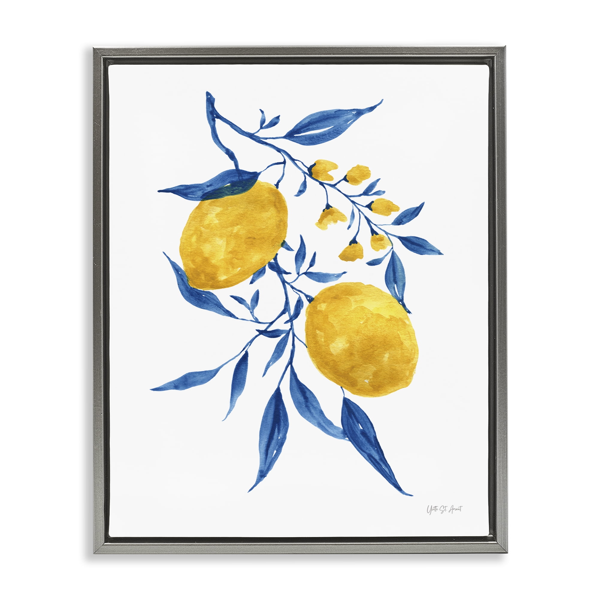 Stupell Industries Lemons with Blue Leaves Food & Beverage Painting Gray Floater Framed Canvas Art Print Wall Art, 25 x 31
