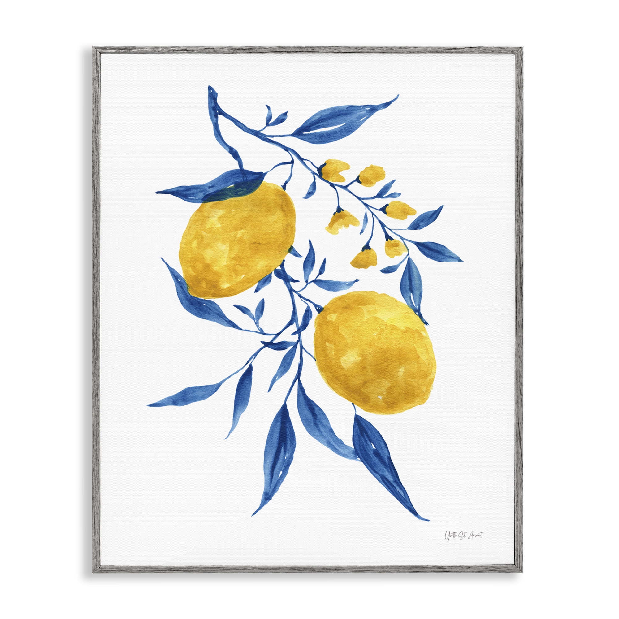 Stupell Industries Lemons with Blue Leaves Food & Beverage Painting Gray Framed Art Print Wall Art, 24 x 30