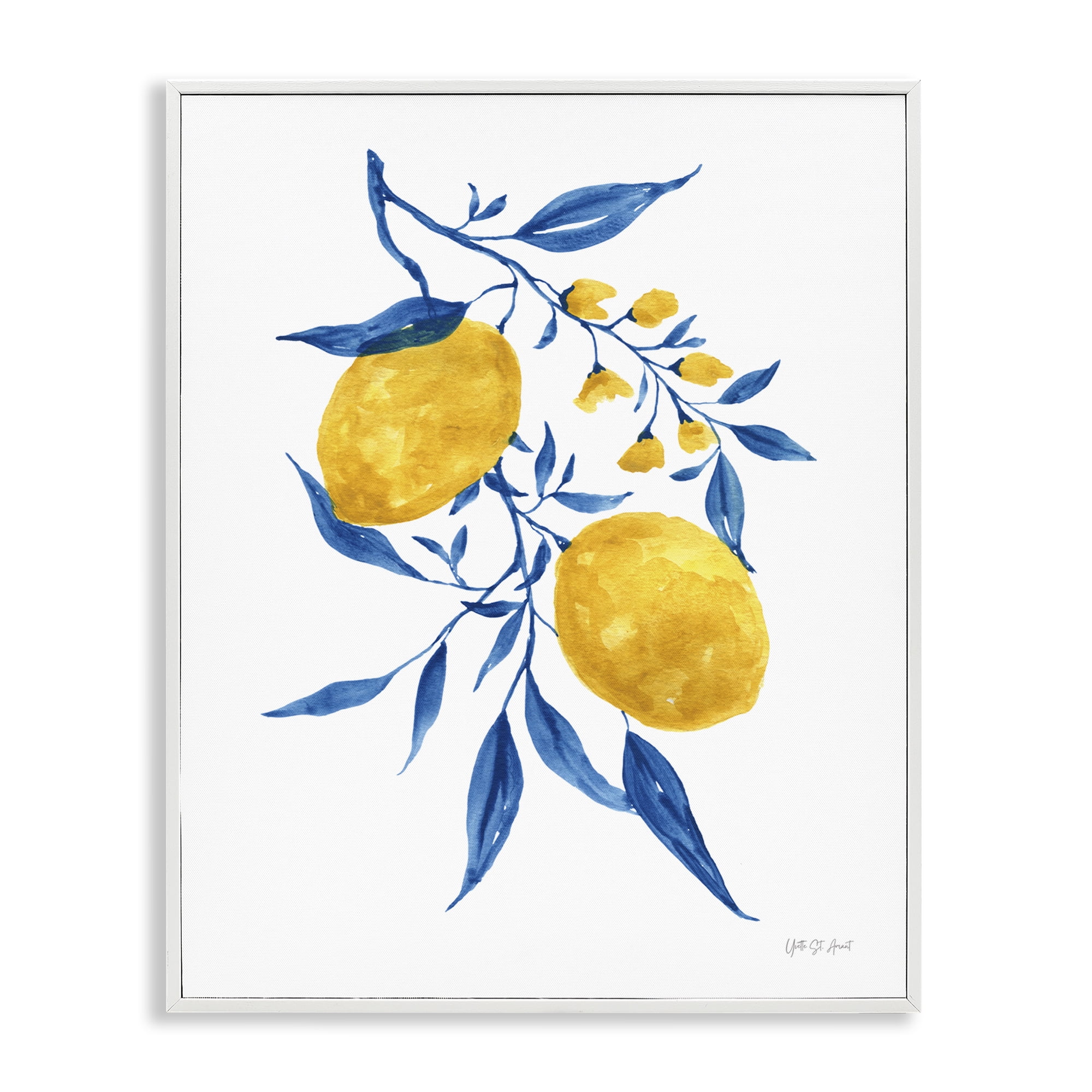 Stupell Industries Lemons with Blue Leaves Food & Beverage Painting White Framed Art Print Wall Art, 16 x 20