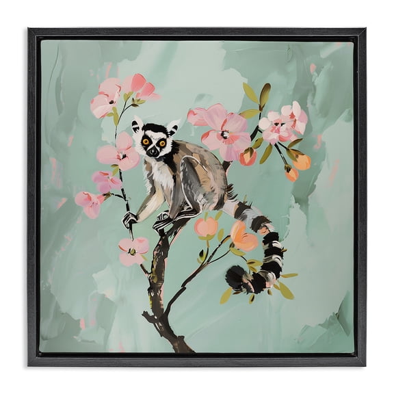 Stupell Industries Lemur Perched on Spring Blooms Black Framed Floater Canvas Wall Art design by Amanda Tsoukanelis, 18 x 18