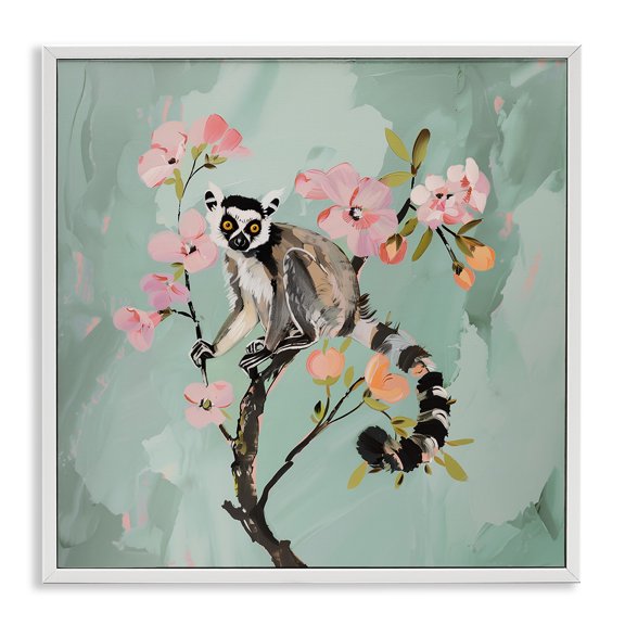 Stupell Industries Lemur Perched on Spring Blooms White Framed Giclee Art design by Amanda Tsoukanelis, 24 x 24