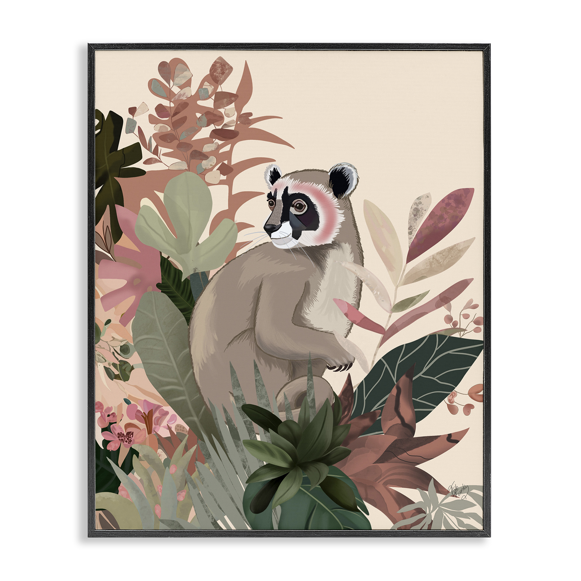 Stupell Industries Lemur & Tropical Plants Animals & Insects Painting Black Framed Art Print Wall Art, 16 x 20
