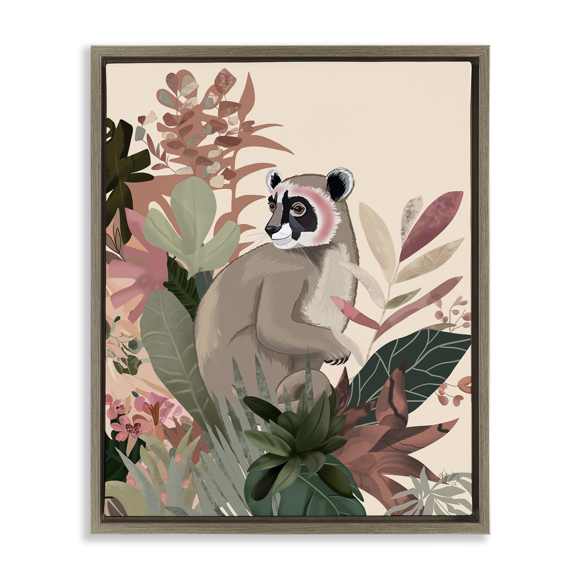 Stupell Industries Lemur & Tropical Plants Animals & Insects Painting Brown Floater Framed Canvas Art Print Wall Art, 25 x 31