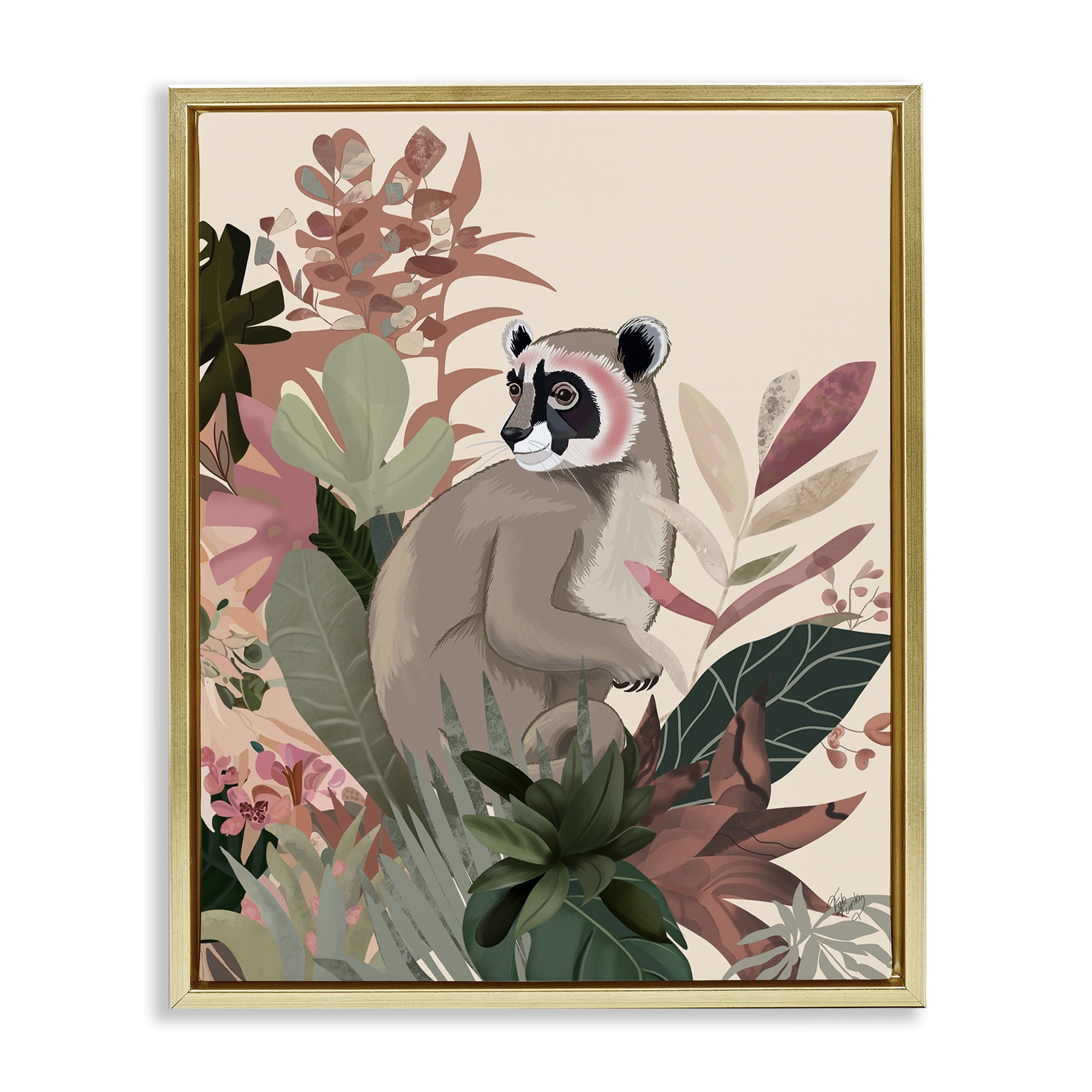 Stupell Industries Lemur & Tropical Plants Animals & Insects Painting Gold Floater Framed Canvas Art Print Wall Art, 25 x 31