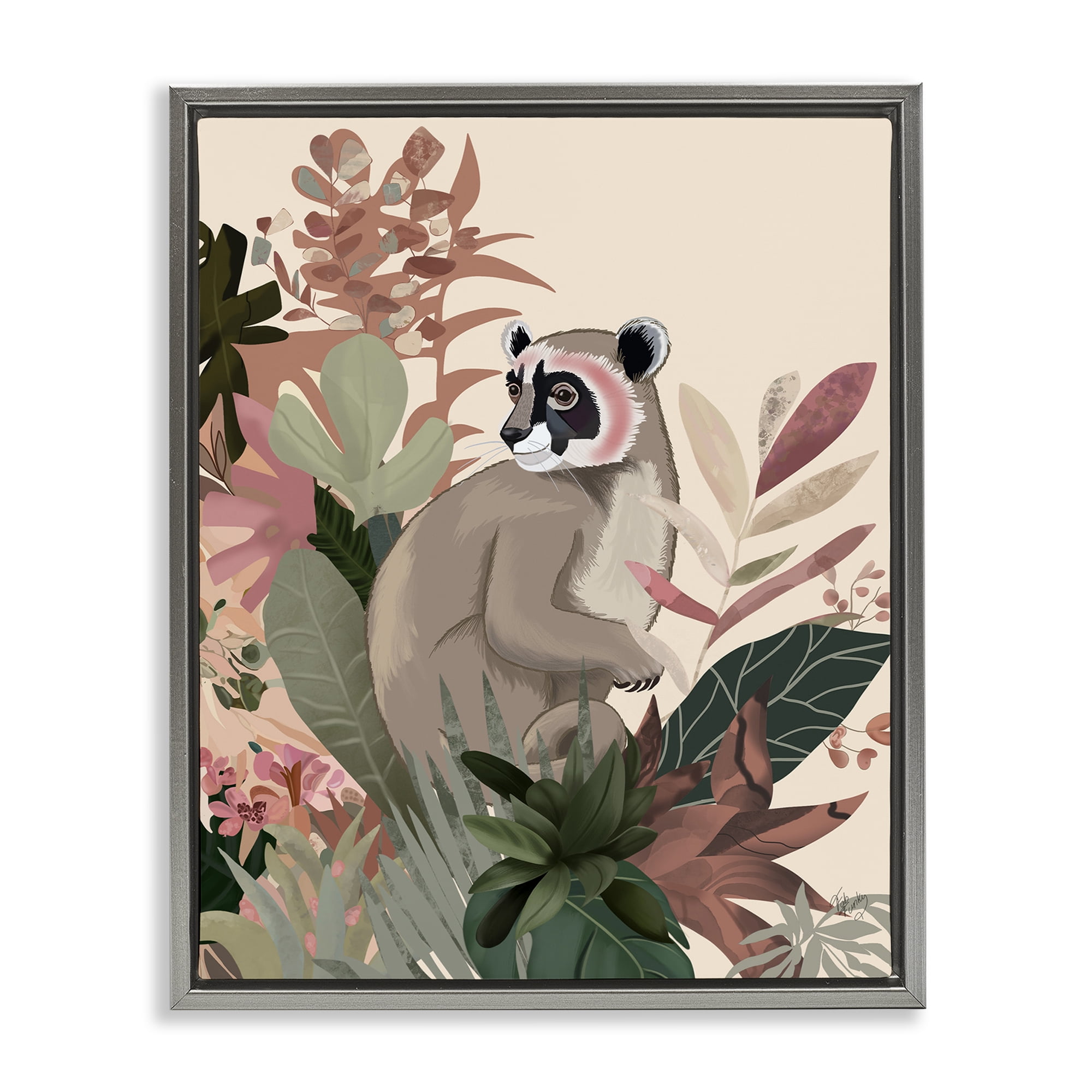 Stupell Industries Lemur & Tropical Plants Animals & Insects Painting Gray Floater Framed Canvas Art Print Wall Art, 17 x 21