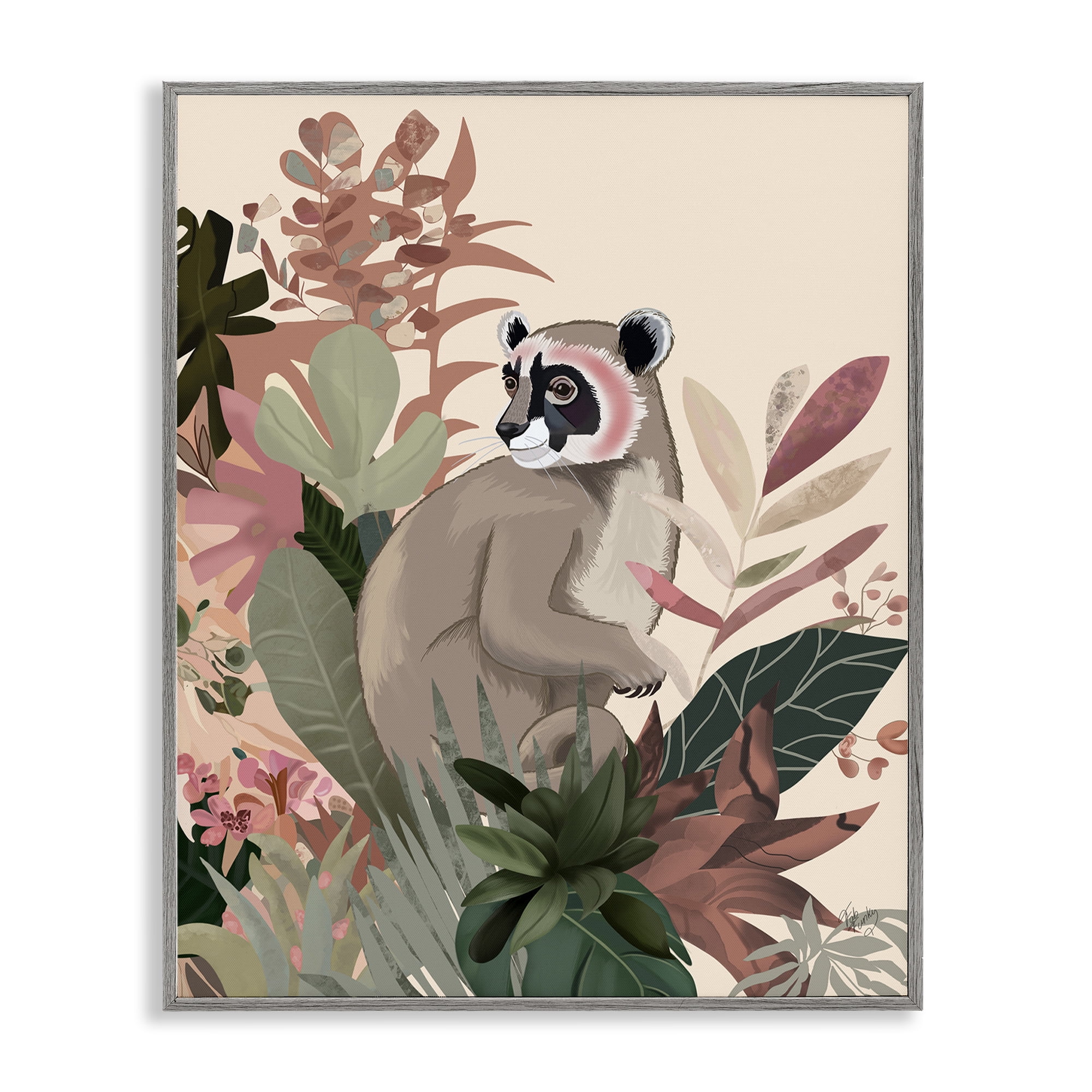 Stupell Industries Lemur & Tropical Plants Animals & Insects Painting Gray Framed Art Print Wall Art, 16 x 20