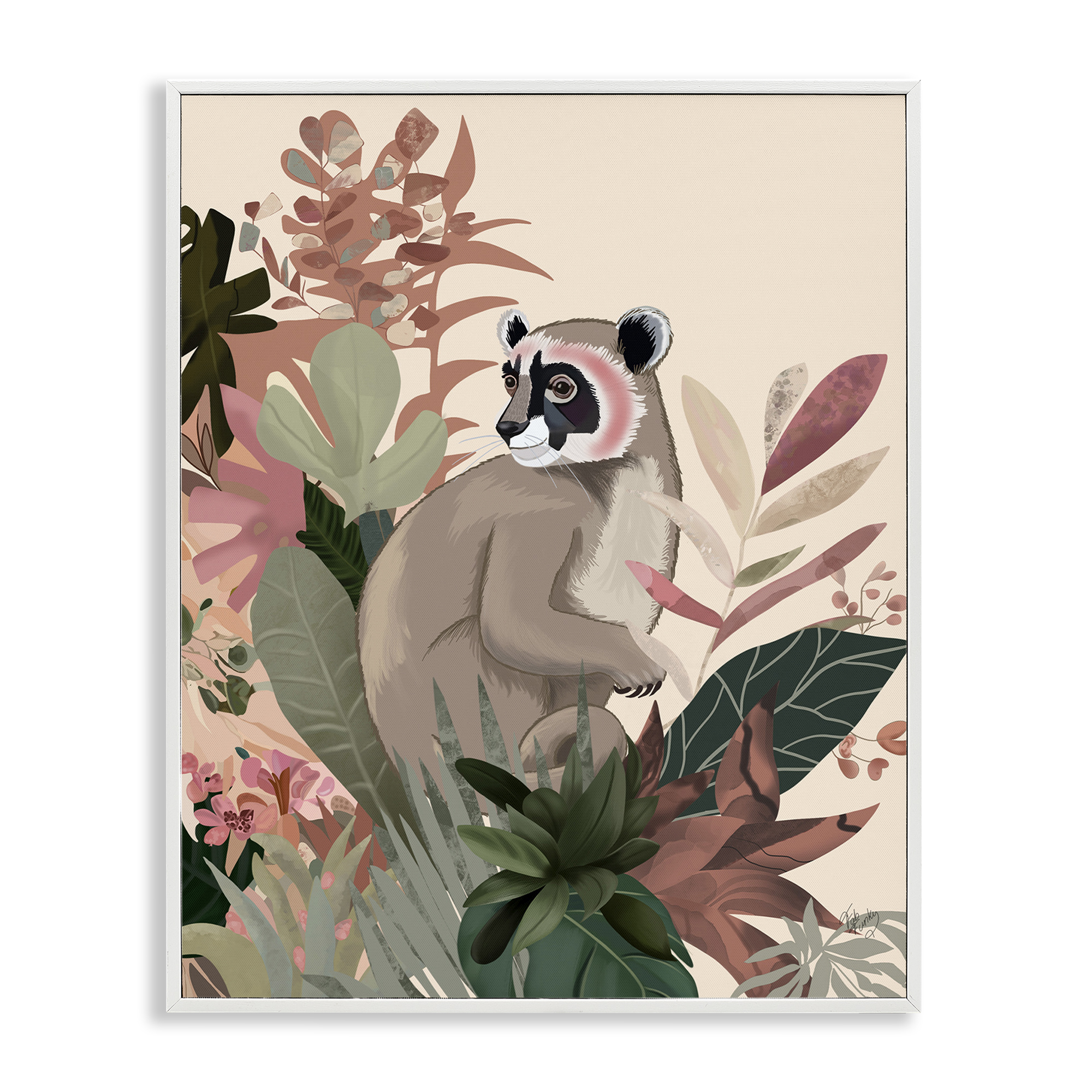 Stupell Industries Lemur & Tropical Plants Animals & Insects Painting White Framed Art Print Wall Art, 16 x 20