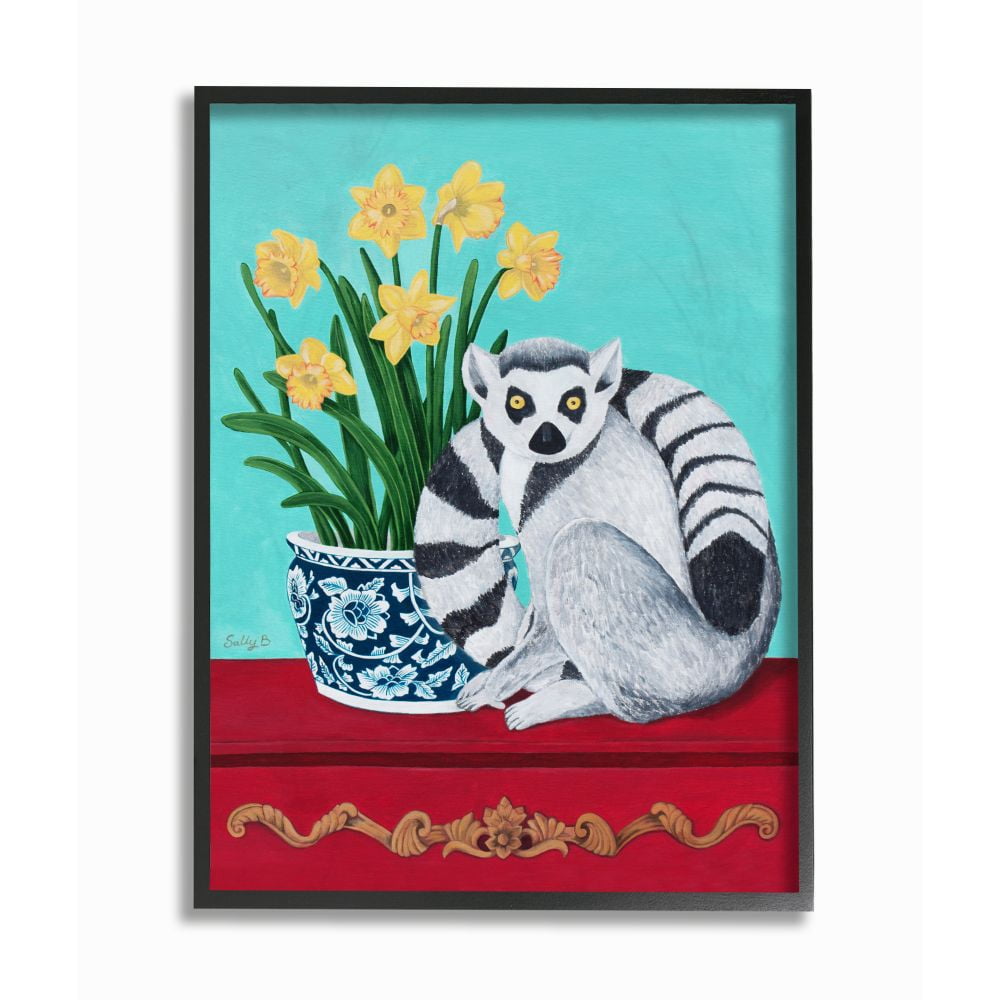 Stupell Industries Lemur and Daffodil Flower Vase Blue Red Animal Painting Black Framed Art Print Wall Art, 11x14, by Sally B