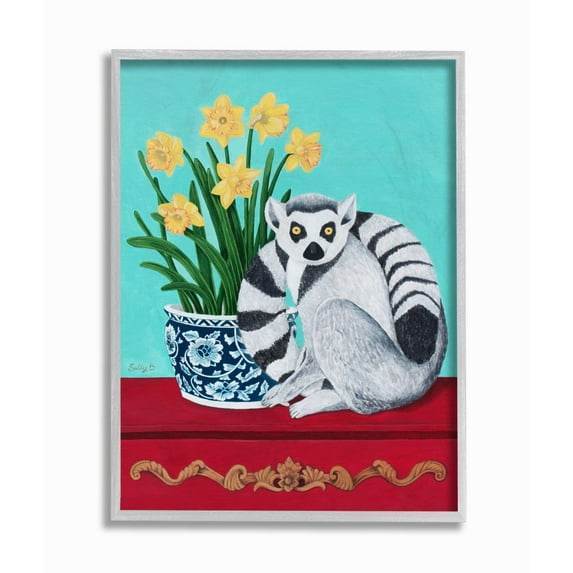 Stupell Industries Lemur and Daffodil Flower Vase Blue Red Animal Painting Gray Framed Art Print Wall Art, 16x20, by Sally B