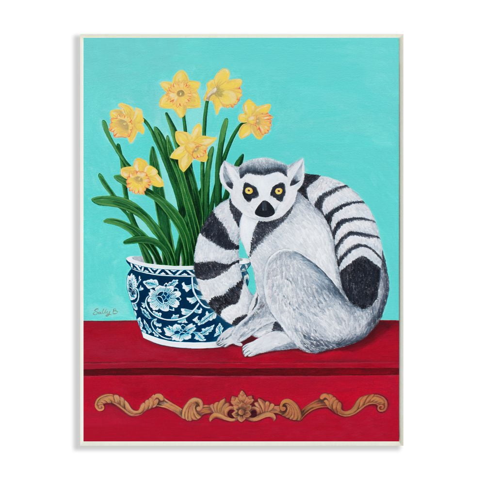 Stupell Industries Lemur and Daffodil Flower Vase Blue Red Animal Painting Wall Plaque by Sally B