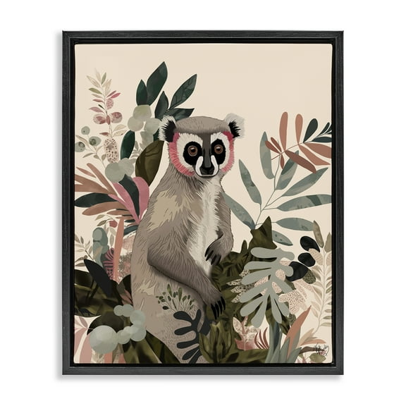 Stupell Industries Lemur in Tropical Tree Animals & Insects Painting Black Floater Framed Canvas Art Print Wall Art, 17 x 21