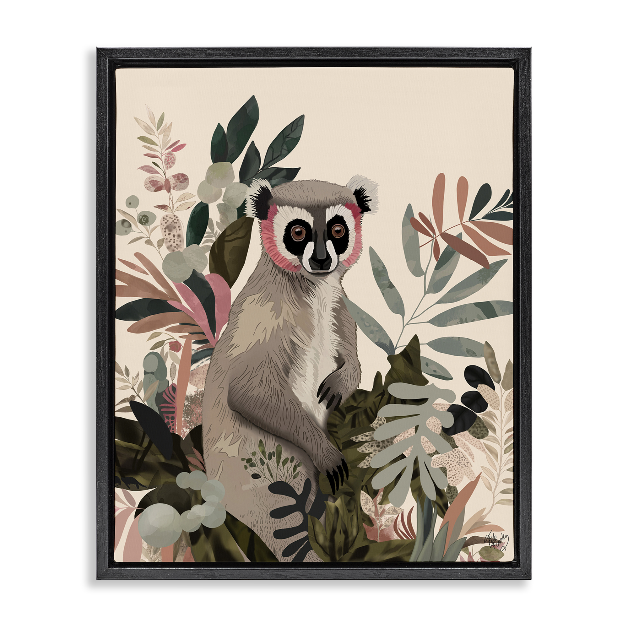 Stupell Industries Lemur in Tropical Tree Animals & Insects Painting Black Floater Framed Canvas Art Print Wall Art, 25 x 31