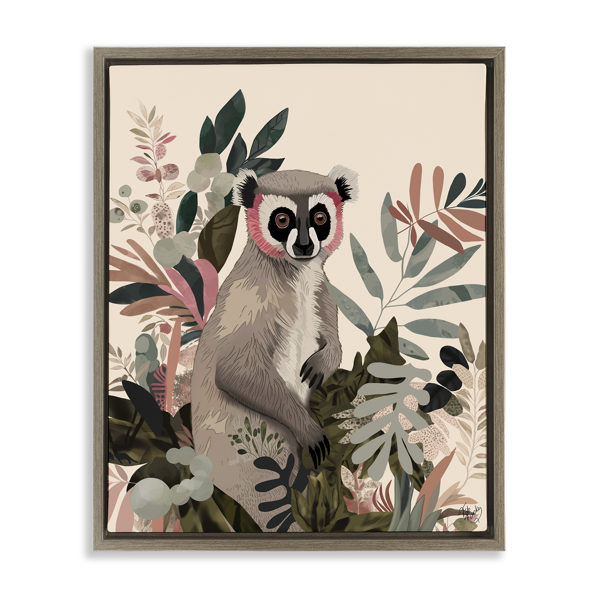 Stupell Industries Lemur in Tropical Tree Animals & Insects Painting Brown Floater Framed Canvas Art Print Wall Art, 25 x 31