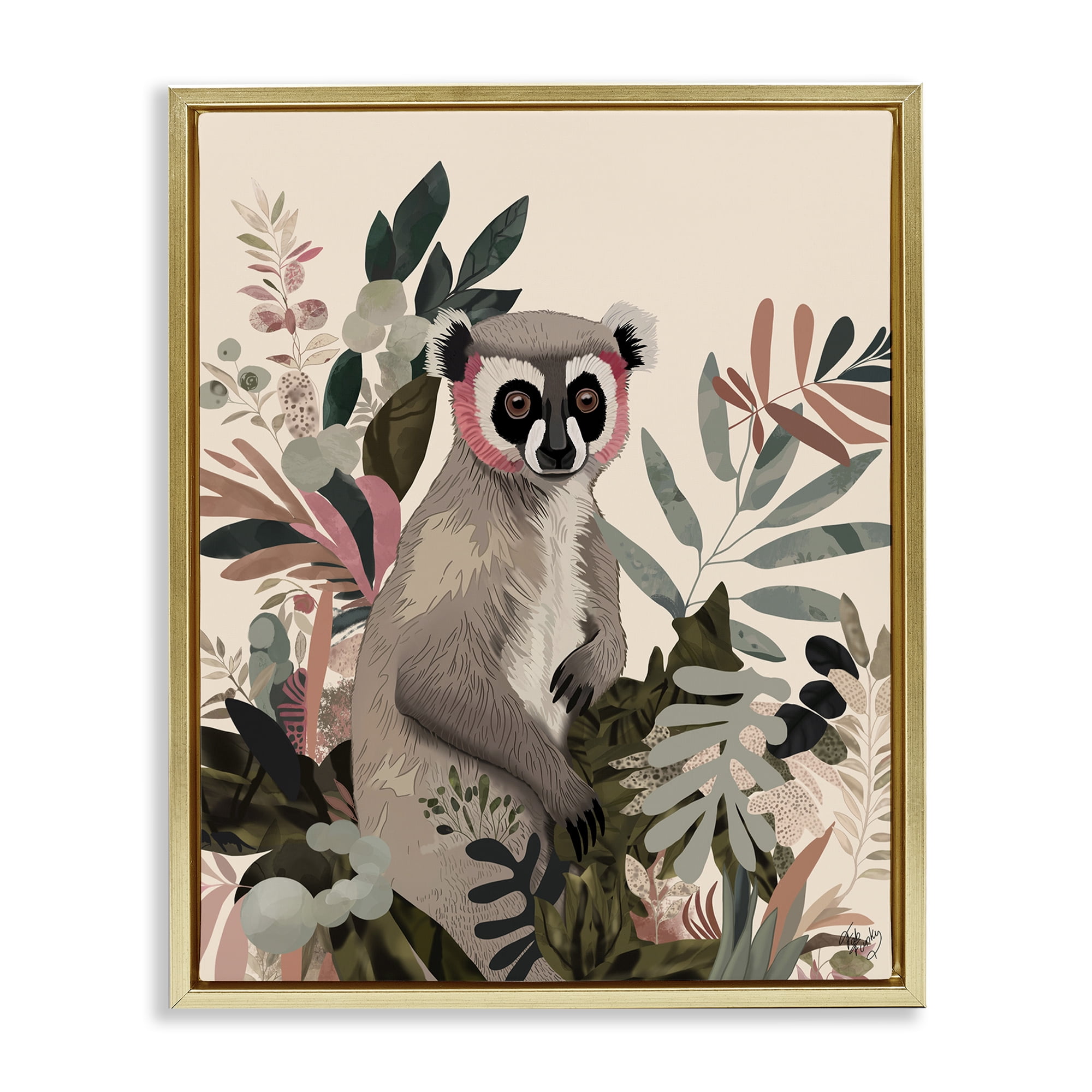 Stupell Industries Lemur in Tropical Tree Animals & Insects Painting Gold Floater Framed Canvas Art Print Wall Art, 25 x 31