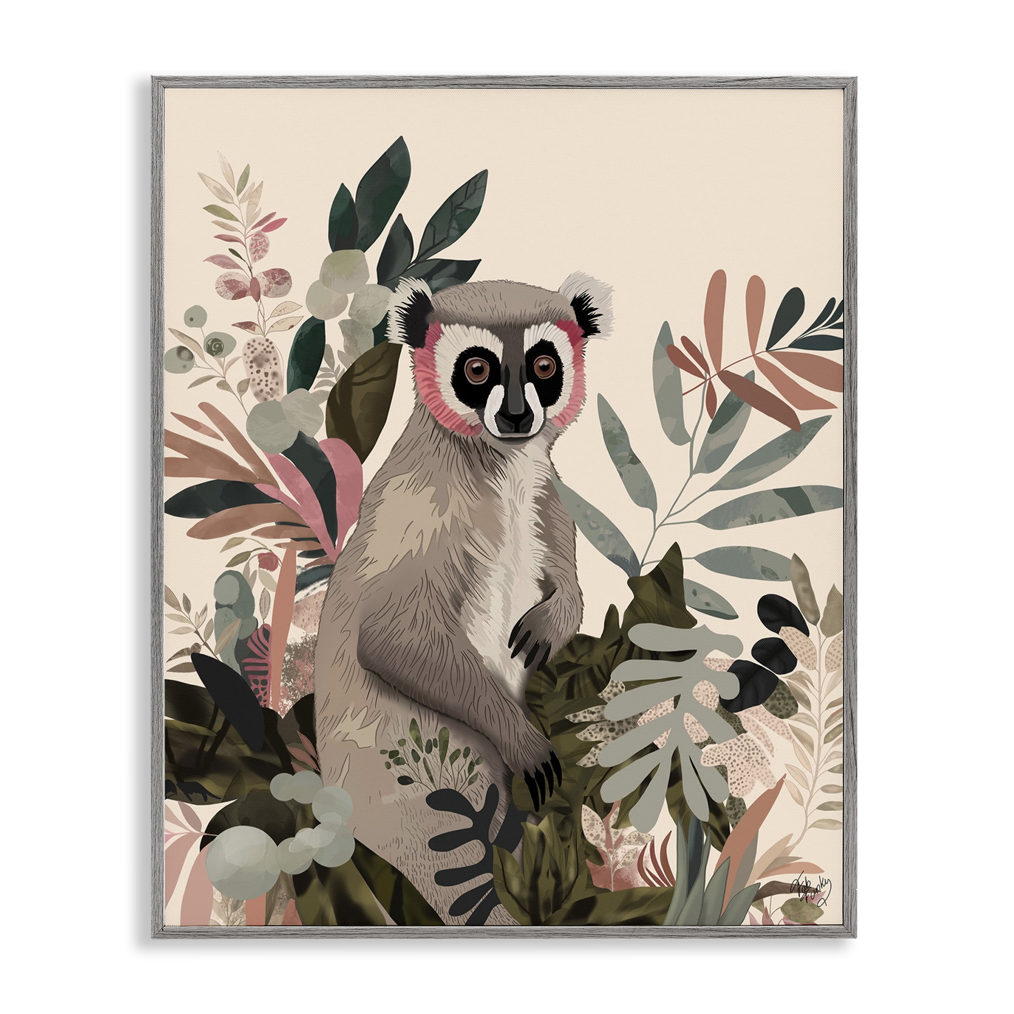 Stupell Industries Lemur in Tropical Tree Animals & Insects Painting Gray Framed Art Print Wall Art, 24 x 30