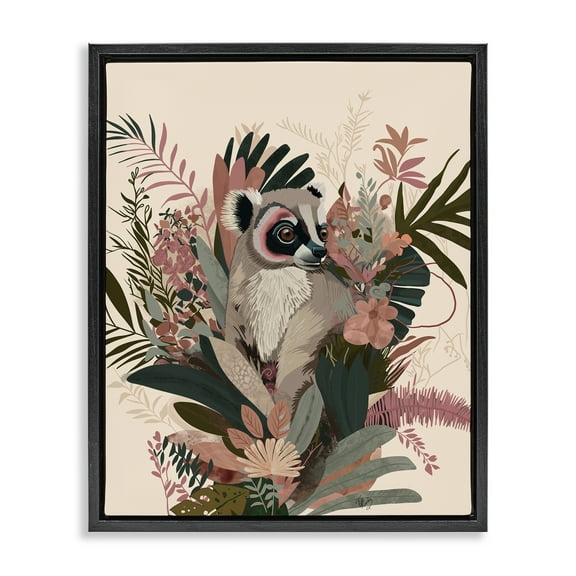 Stupell Industries Lemur with Hibiscus Plants Animals & Insects Painting Black Floater Framed Canvas Art Print Wall Art, 17 x 21