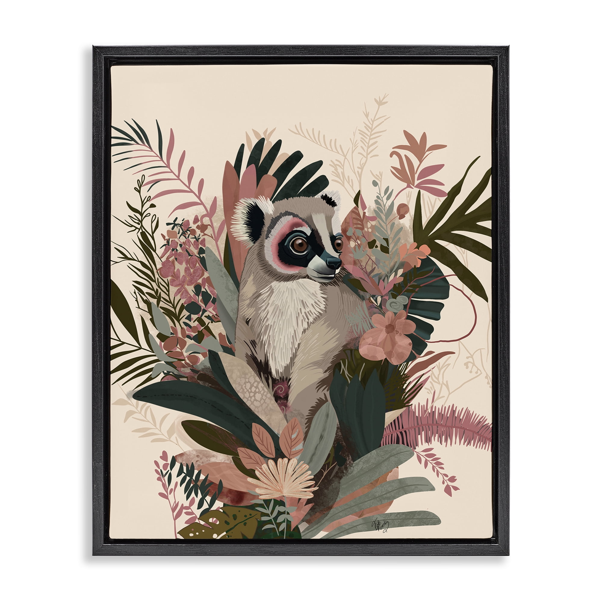 Stupell Industries Lemur with Hibiscus Plants Animals & Insects Painting Black Floater Framed Canvas Art Print Wall Art, 25 x 31