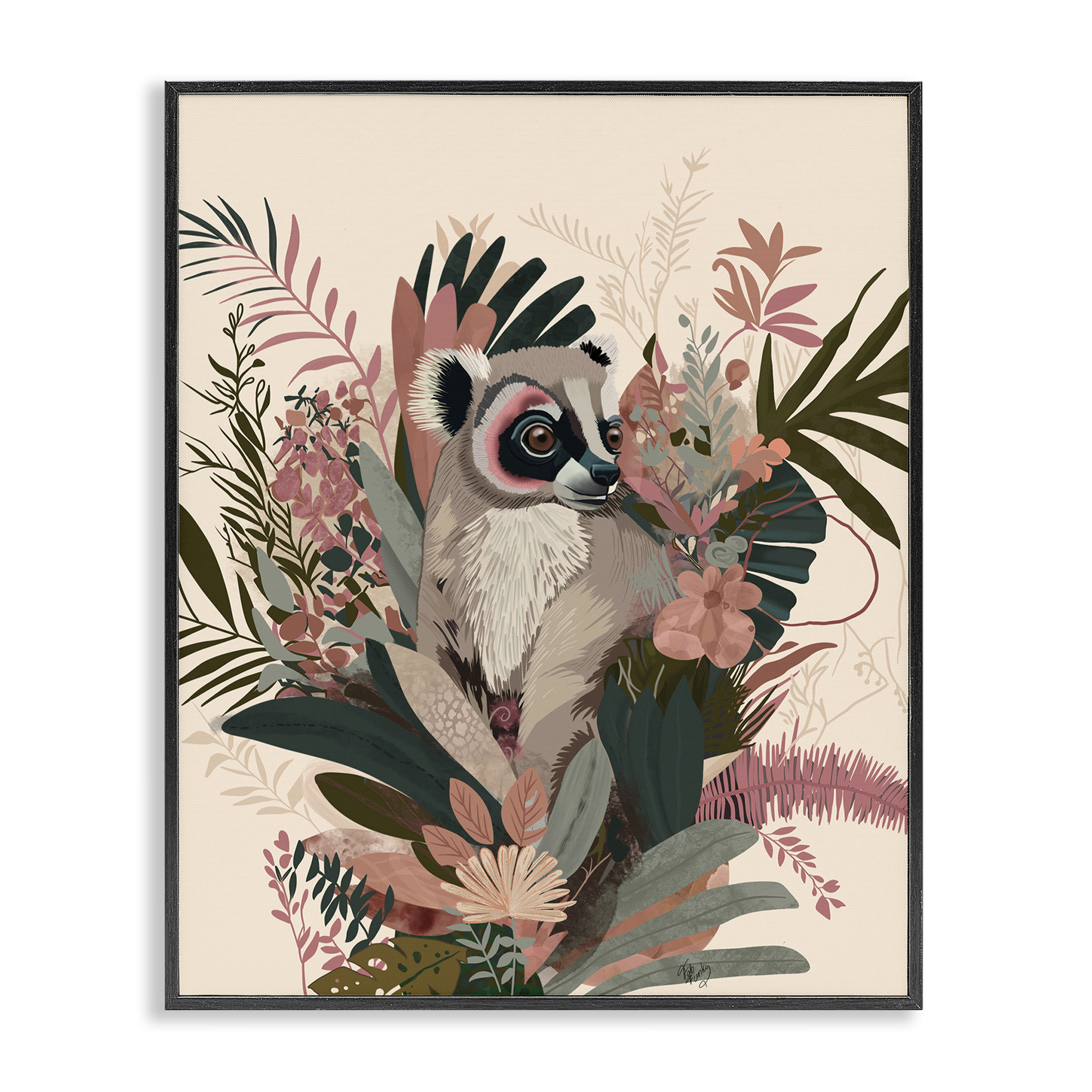 Stupell Industries Lemur with Hibiscus Plants Animals & Insects Painting Black Framed Art Print Wall Art, 16 x 20