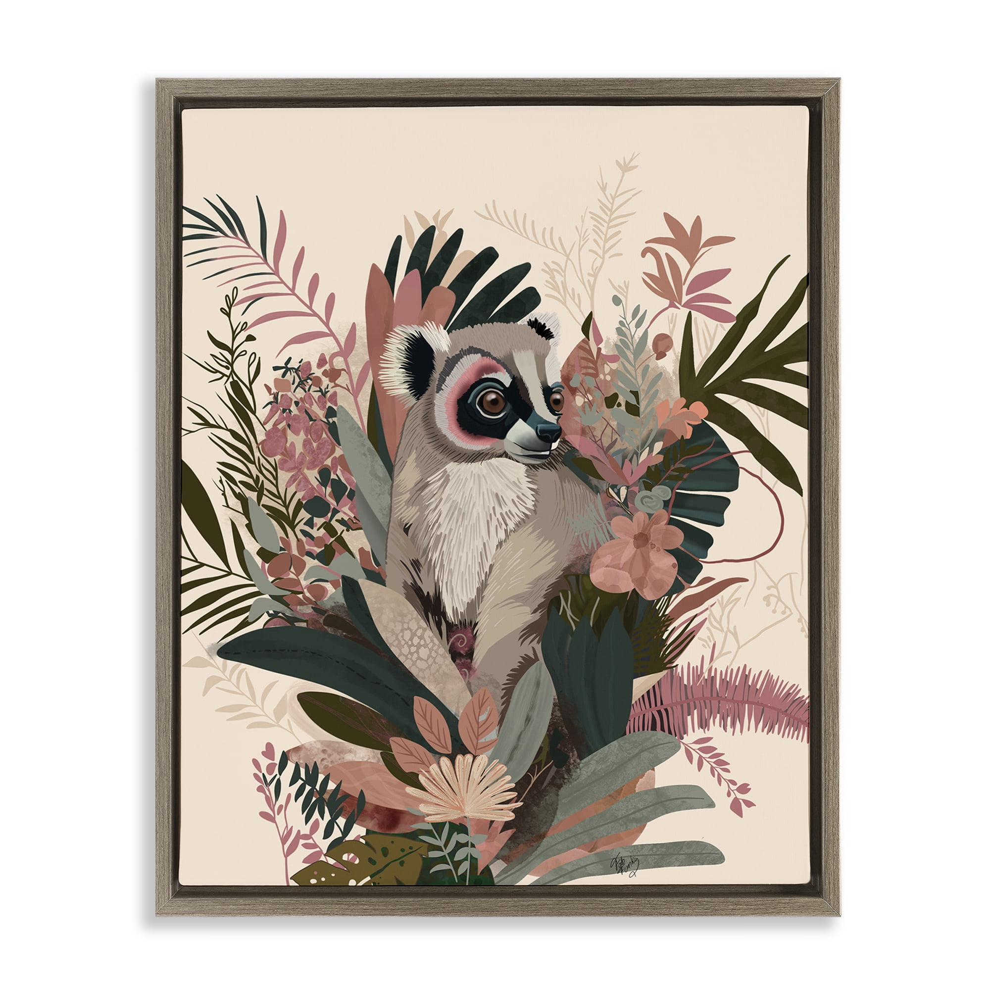 Stupell Industries Lemur with Hibiscus Plants Animals & Insects Painting Brown Floater Framed Canvas Art Print Wall Art, 17 x 21