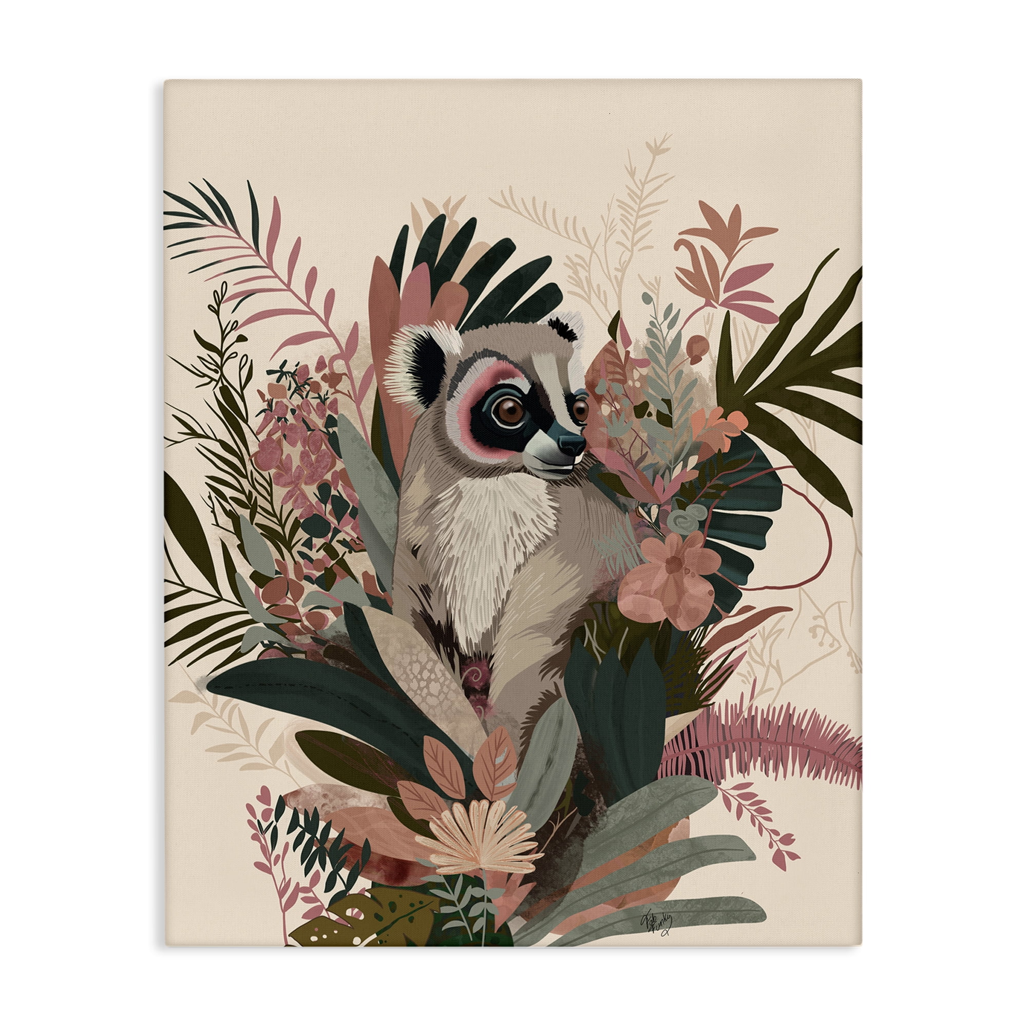 Stupell Industries Lemur with Hibiscus Plants Animals & Insects Painting Gallery Wrapped Canvas Art Print Wall Art, 30 x 40
