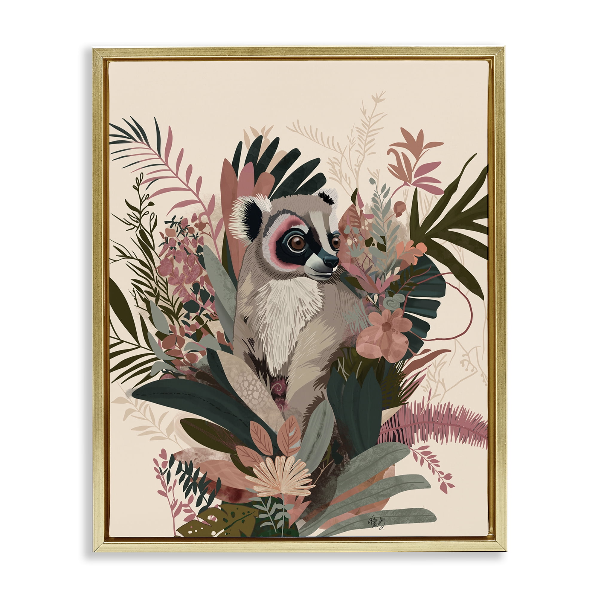 Stupell Industries Lemur with Hibiscus Plants Animals & Insects Painting Gold Floater Framed Canvas Art Print Wall Art, 17 x 21