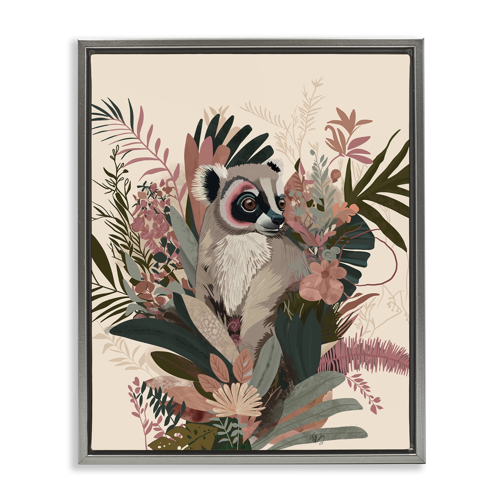 Stupell Industries Lemur with Hibiscus Plants Animals & Insects Painting Gray Floater Framed Canvas Art Print Wall Art, 17 x 21