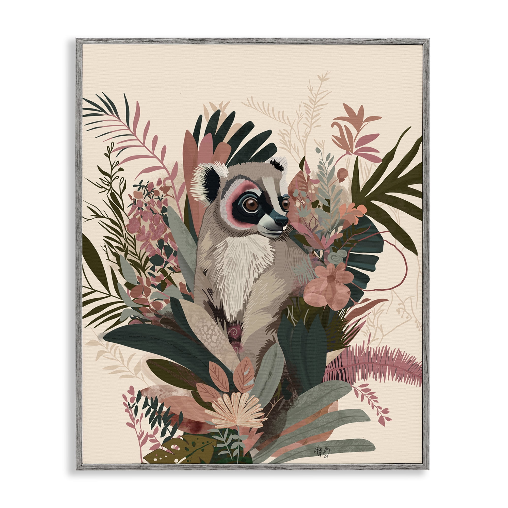 Stupell Industries Lemur with Hibiscus Plants Animals & Insects Painting Gray Framed Art Print Wall Art, 11 x 14
