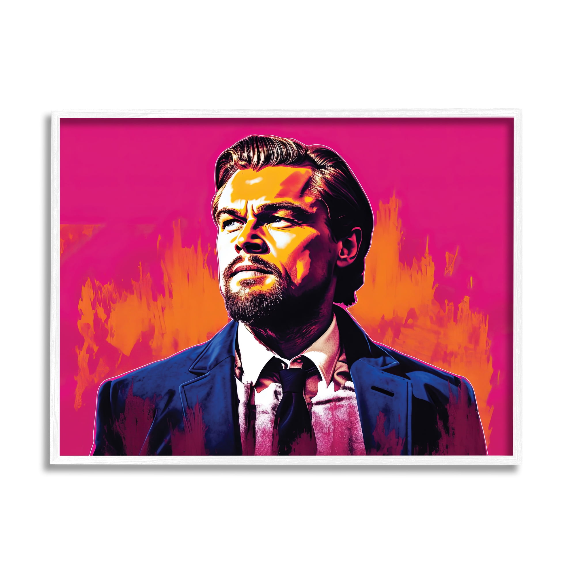 Stupell Industries Leonardo DiCaprio on Pink Abstract Painting White Framed Art Print Wall Art, 20 x 16