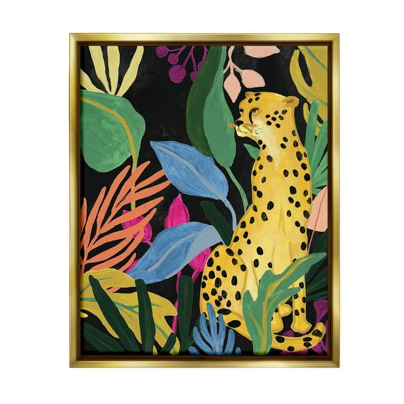 Stupell Industries Leopard Among Plant Leaves Animals & Insects Painting Gold Floater Framed Canvas Art Print Wall Art, 17 x 21