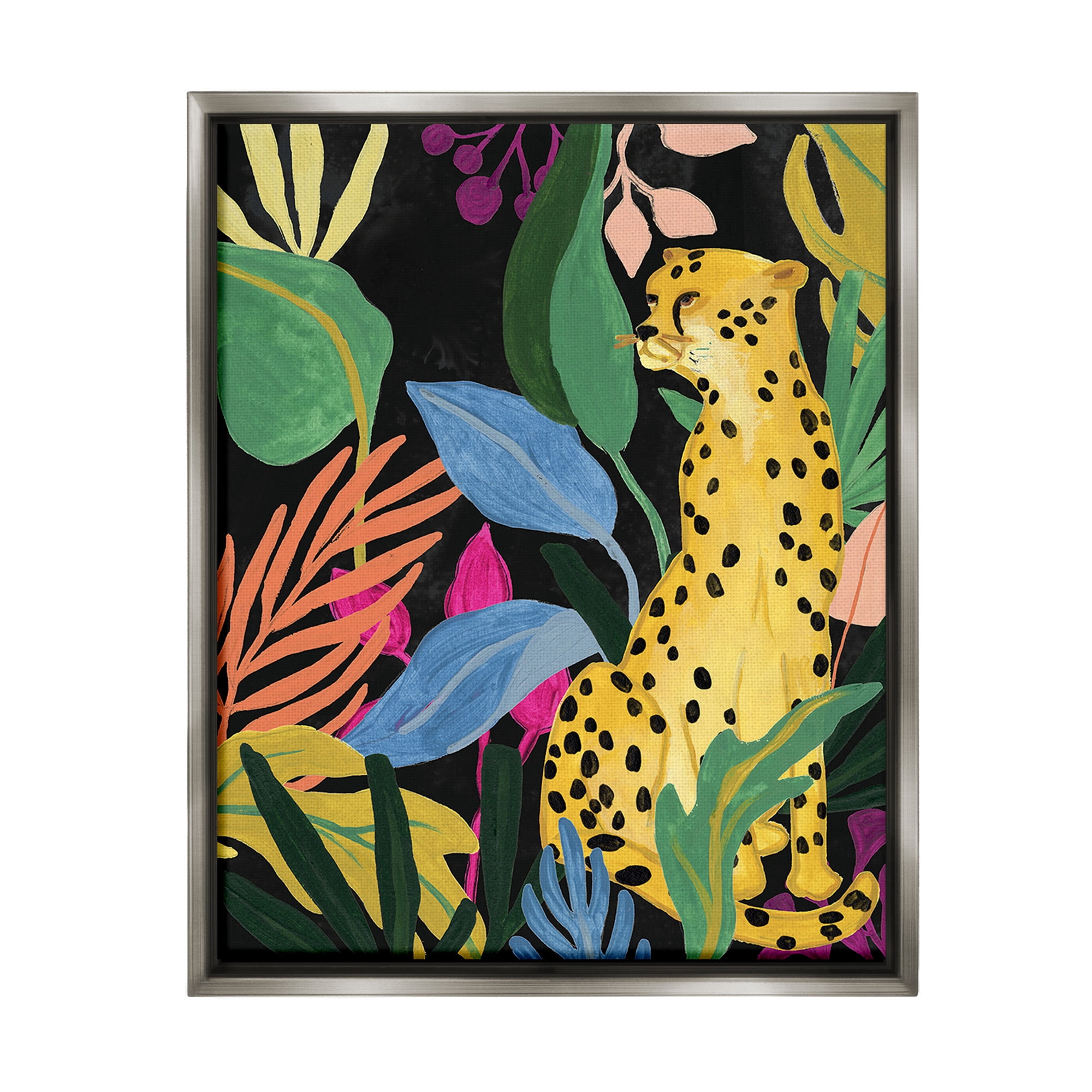Stupell Industries Leopard Among Plant Leaves Animals & Insects Painting Gray Floater Framed Canvas Art Print Wall Art, 25 x 31