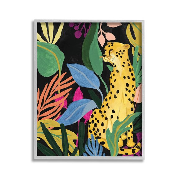 Stupell Industries Leopard Among Plant Leaves Animals & Insects Painting Gray Framed Art Print Wall Art, 11 x 14