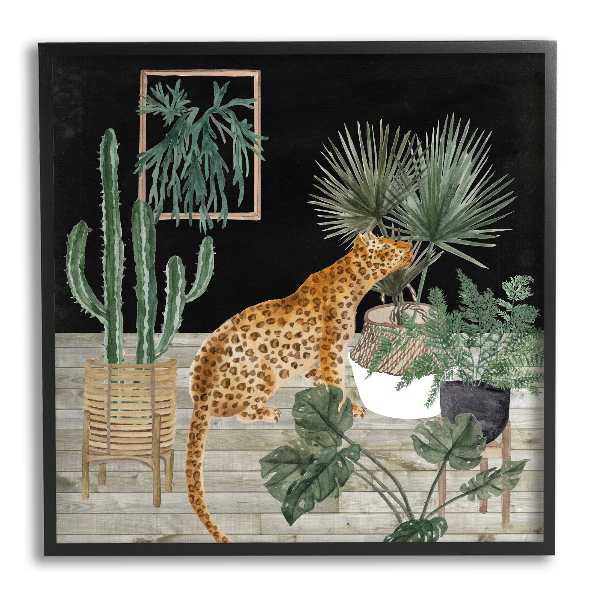 Stupell Industries Leopard Among Various Plants Cactus Planked Floor Graphic Art Black Framed Art Print Wall Art, Design by Melissa Wang