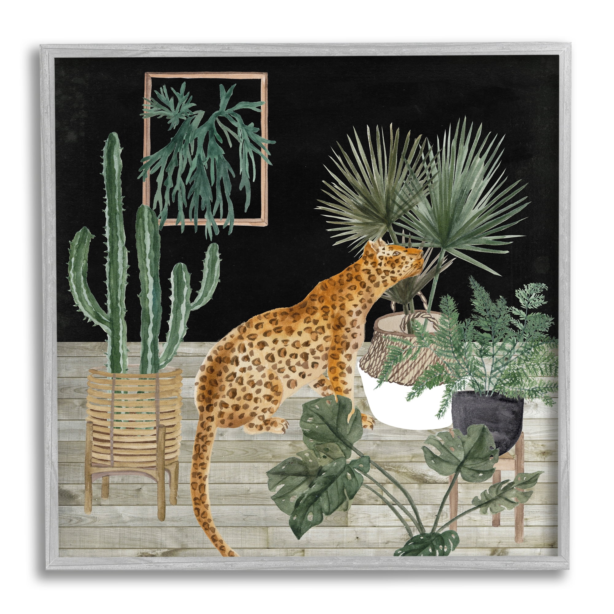 Stupell Industries Leopard Among Various Plants Cactus Planked Floor Graphic Art Gray Framed Art Print Wall Art, Design by Melissa Wang