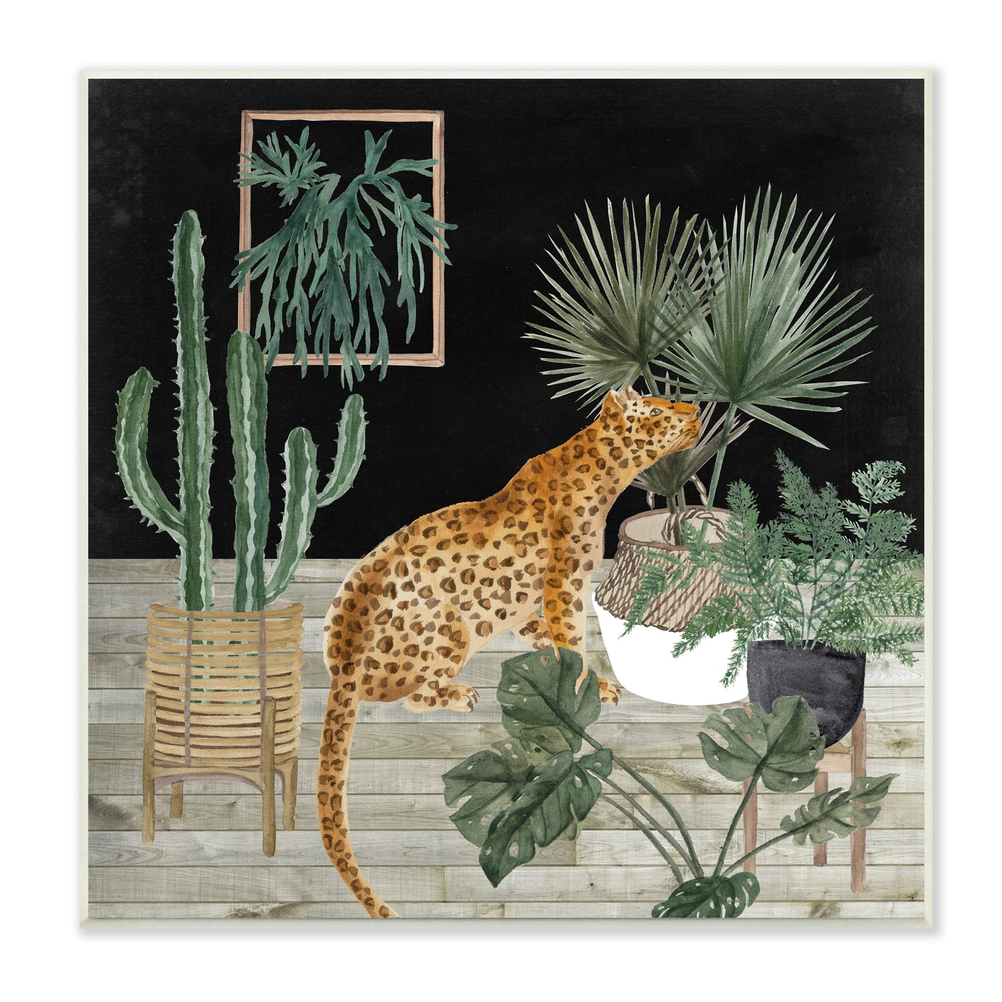 Stupell Industries Leopard Among Various Plants Cactus Planked Floor Graphic Art Unframed Art Print Wall Art, Design by Melissa Wang