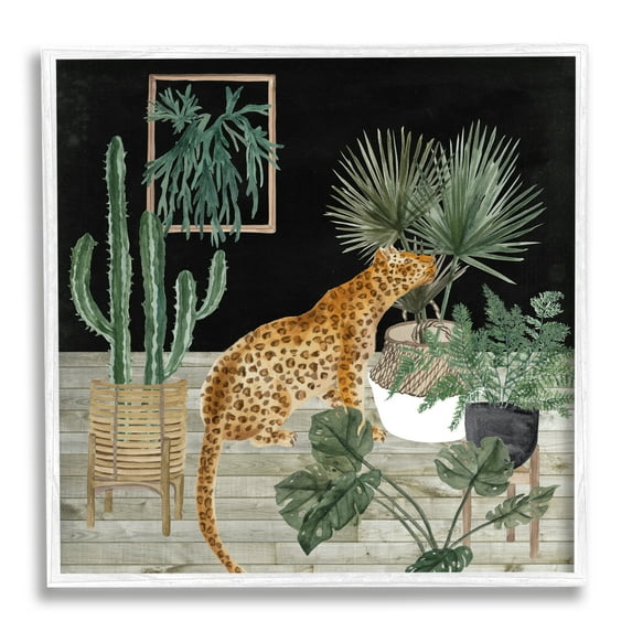 Stupell Industries Leopard Among Various Plants Cactus Planked Floor Graphic Art White Framed Art Print Wall Art, Design by Melissa Wang