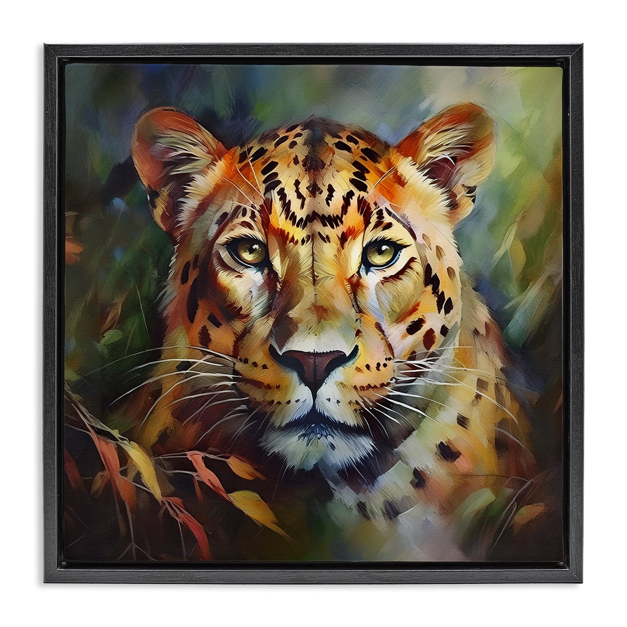 Stupell Industries Leopard Face Portrait Animals Painting Black Floater Framed Canvas Art Print Wall Art, 25 x 25