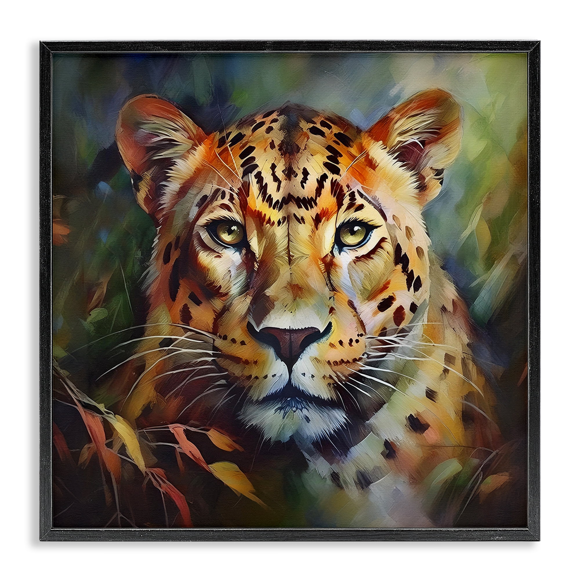 Stupell Industries Leopard Face Portrait Animals Painting Black Framed Art Print Wall Art, 12 x 12